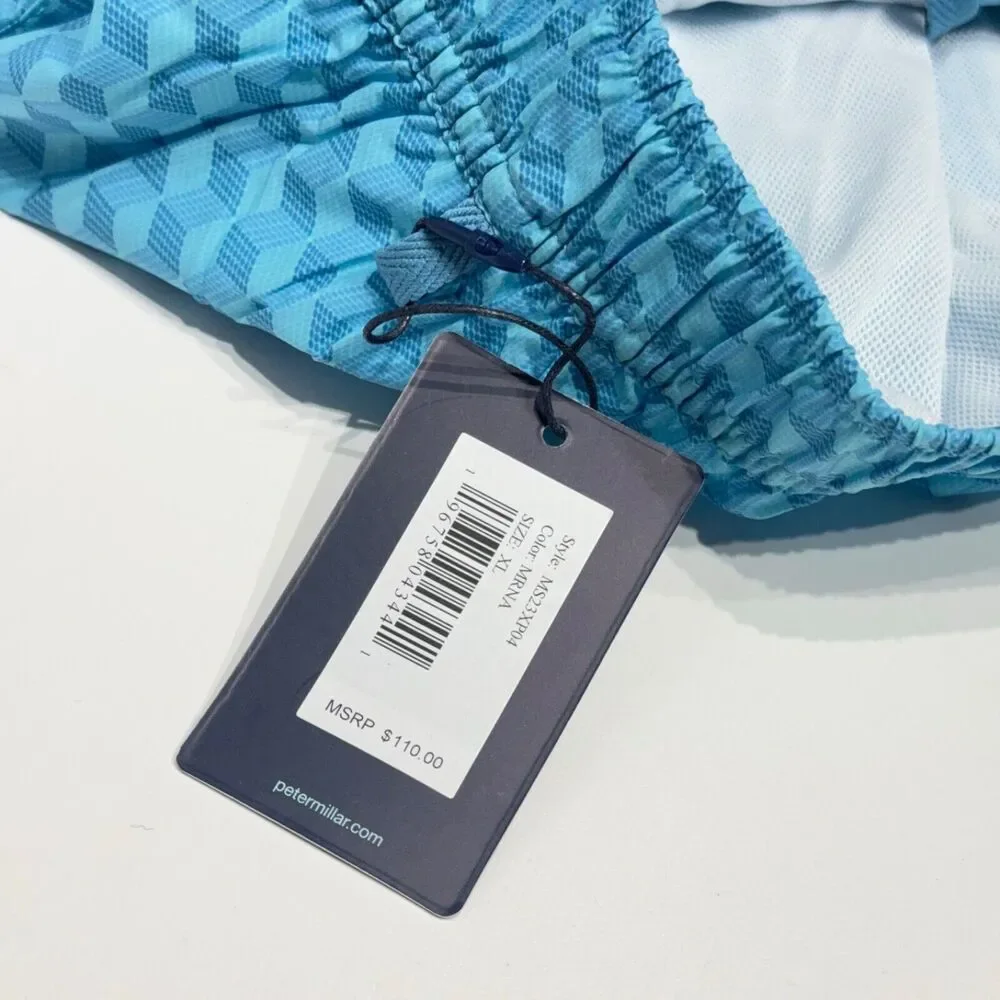 NWT $110 Peter Millar Men's Blue Geometric 5.5” Swim Trunk Lined Size XL (A8)